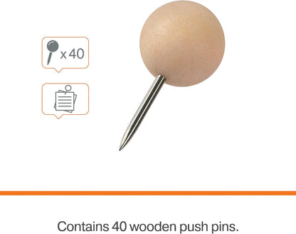 Nobo Wooden Push Pins for Notice Boards - Pack of 40, Reusable Storage Box, Ideal for Notes, Displays, and Reminders, 1915709