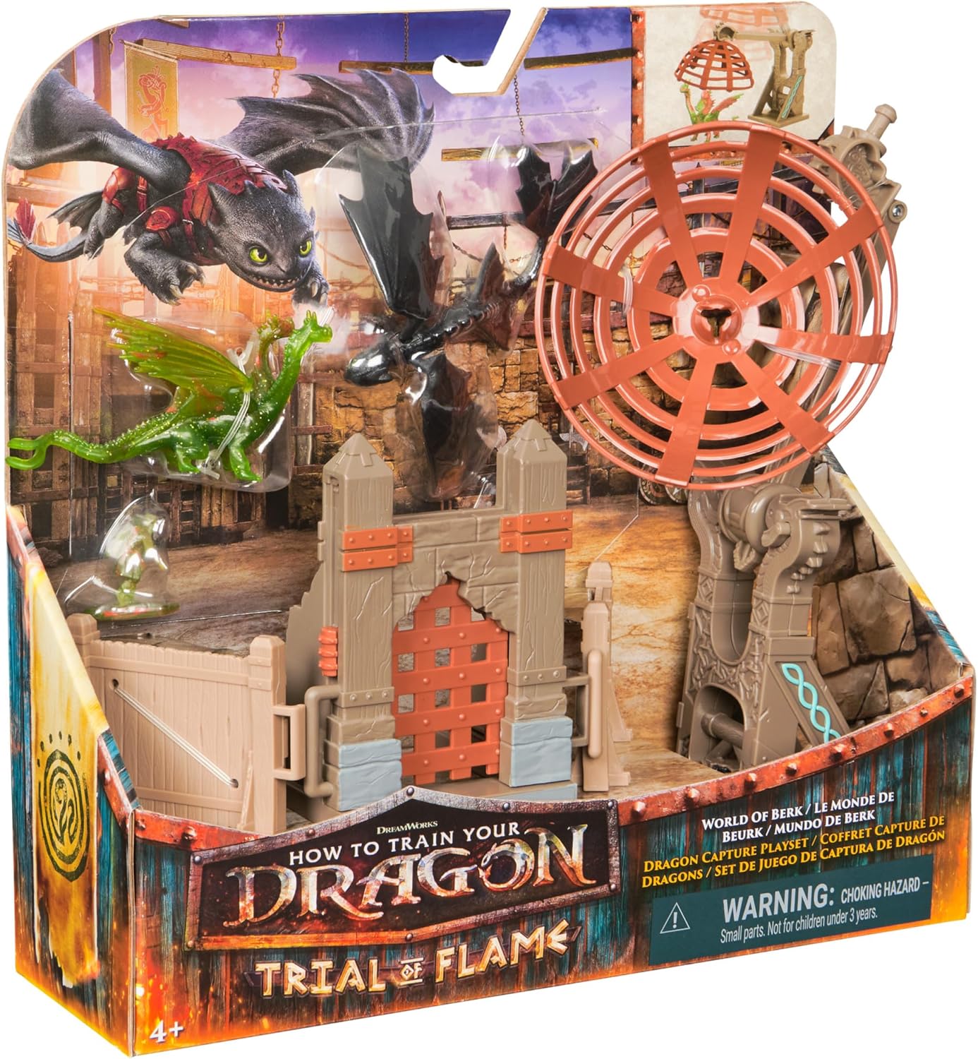 Dreamworks Dragons, Trial of Flame, World of Berk: Dragon Capture Playset, 2 Dragon Figures with 2 Viking Figures, Playset for Kids for Ages 4 and up
