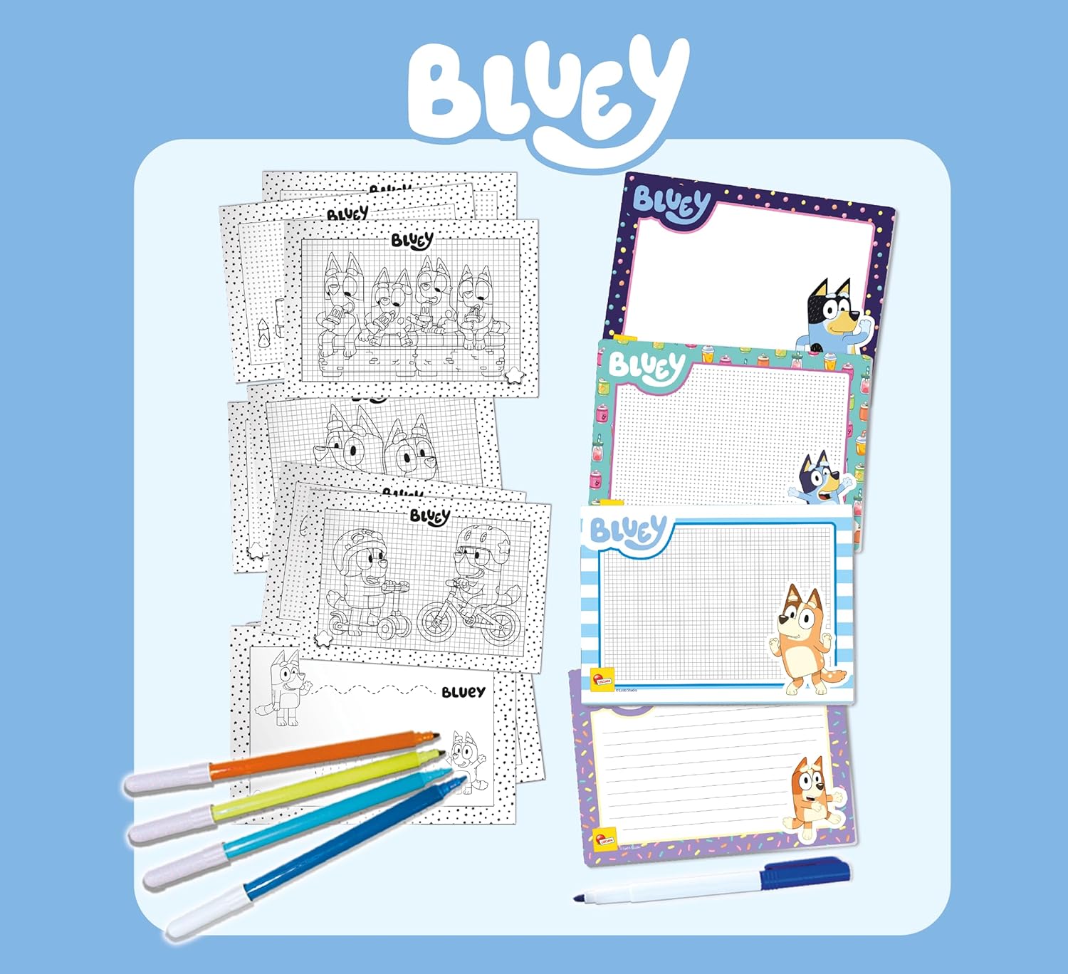 Lisciani - Bluey -École de Coloriation et de Dessin - Kit Créatif - 4 Tableaux Noirs et Autocollants - Prêt pour l’Aventure - À partir de 3 Ans - Fabriqué en Italie