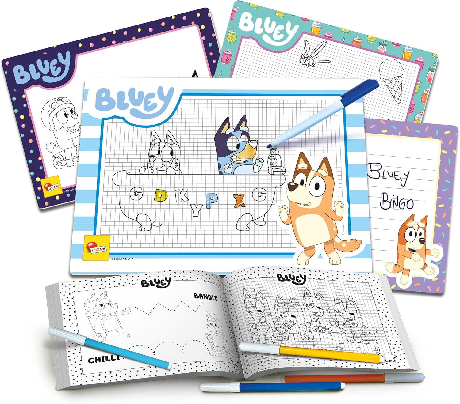 Lisciani - Bluey -École de Coloriation et de Dessin - Kit Créatif - 4 Tableaux Noirs et Autocollants - Prêt pour l’Aventure - À partir de 3 Ans - Fabriqué en Italie