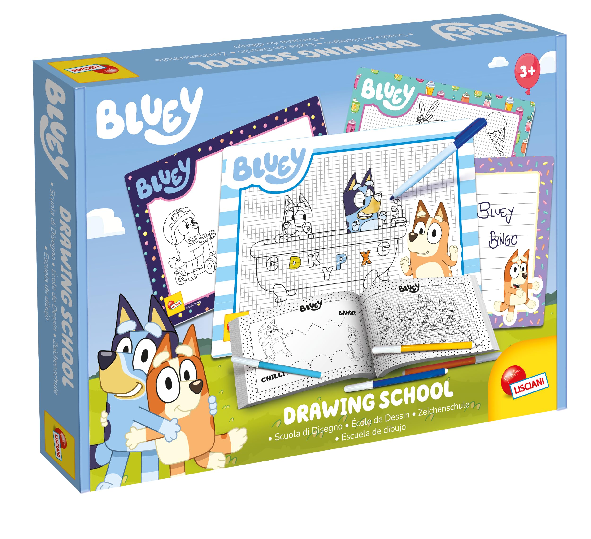 Lisciani - Bluey -École de Coloriation et de Dessin - Kit Créatif - 4 Tableaux Noirs et Autocollants - Prêt pour l’Aventure - À partir de 3 Ans - Fabriqué en Italie