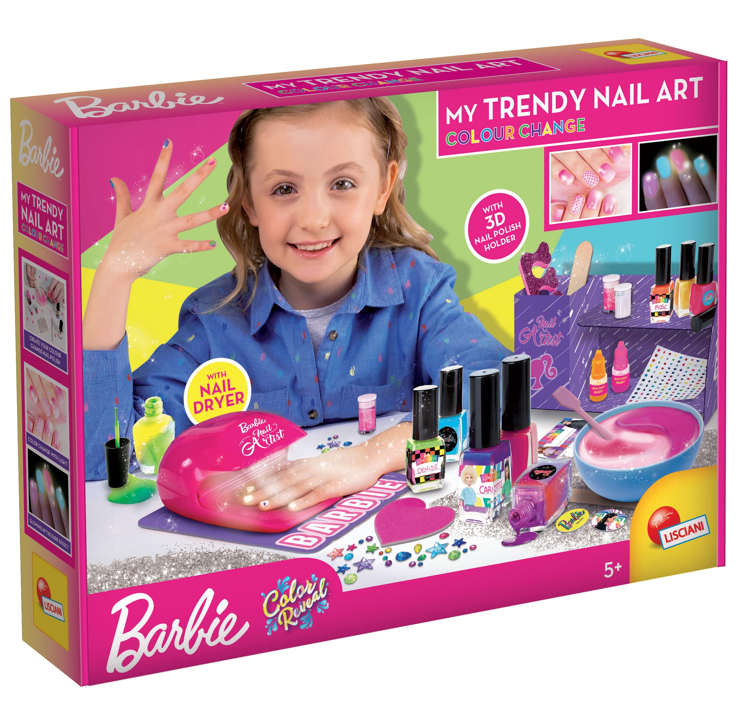 Lisciani - Barbie - Art des Ongles - Changement de Couleurs - Vernis à Créer - Jeu Créatif - Paillettes Scintillantes et Lumineuses - Pour Filles à Partir de 5 ans