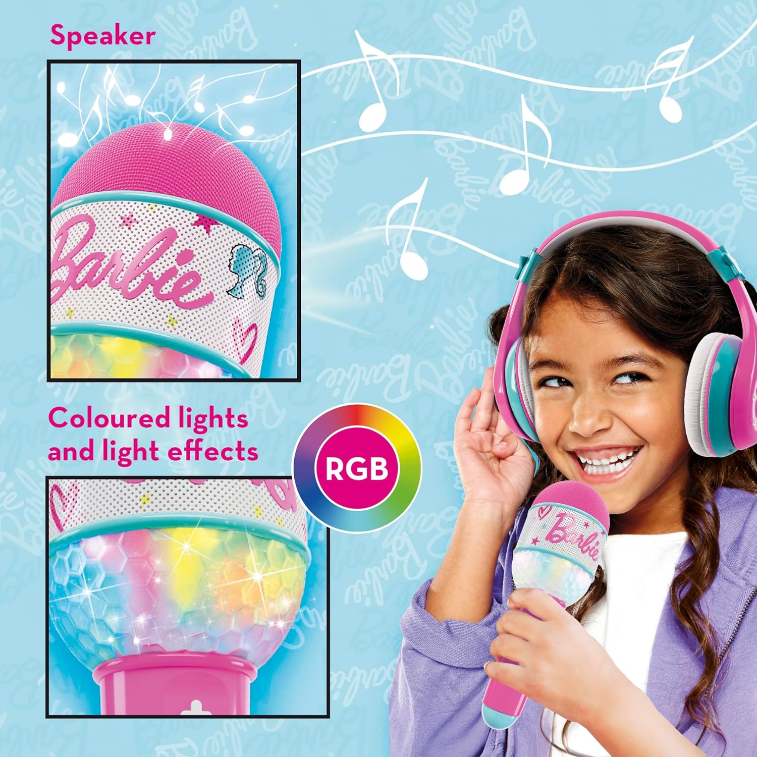 Lisciani - BARBIE Sound Your Style - Bluetooth Microphone with Speaker - Pink - Children's Karaoke Set - Music and Vocals - Smartphone Connectivity - Multicolour Light Effect - Children aged 4 and up