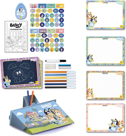 Lisciani - BLUEY - SAC A DOS avec Kit de Coloriages et Dessins pour Enfants dès 3 Ans - Kit Loisirs Créatifs avec Livret Coloriages, Stickers, Feutres et Ardoises Effaçables - Fabriqué En Italie
