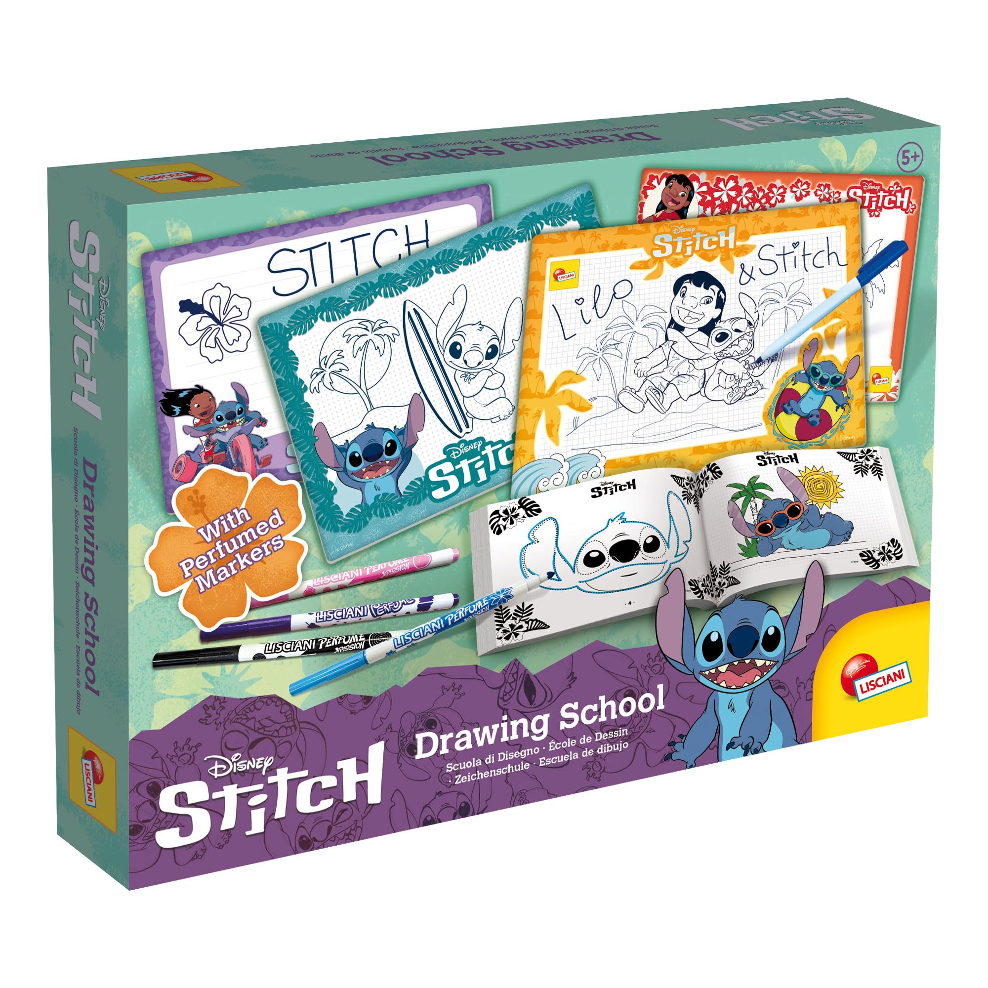 Lisciani - DISNEY STITCH Drawing School - Creative Drawing and Colouring Kit For Children From 5 Years - 4 Erasable Slates, Felt Pens & Exercise Book - Learn to Write & Draw