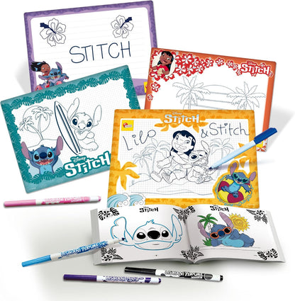 Lisciani - DISNEY STITCH Drawing School - Creative Drawing and Colouring Kit For Children From 5 Years - 4 Erasable Slates, Felt Pens & Exercise Book - Learn to Write & Draw
