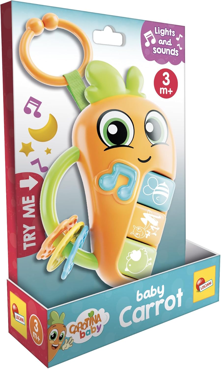 Lisciani - CAROTINA BABY - Carrot Baby Rattle - Musical Toy for Children from 3 Months - Sound and Light - Secure Teething Rings - Sensory Awakening - Electronic Rattle - Educational Baby Toy