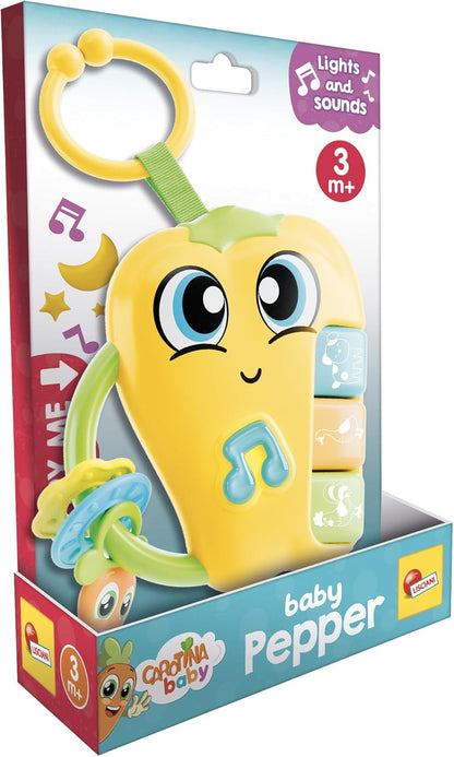 Lisciani - CAROTINA Baby - Pepper Baby Rattle - Musical Toy for Children from 3 Months - Lights and Sounds - Secure Teething Rings - Electronic Rattle with Lullaby Function