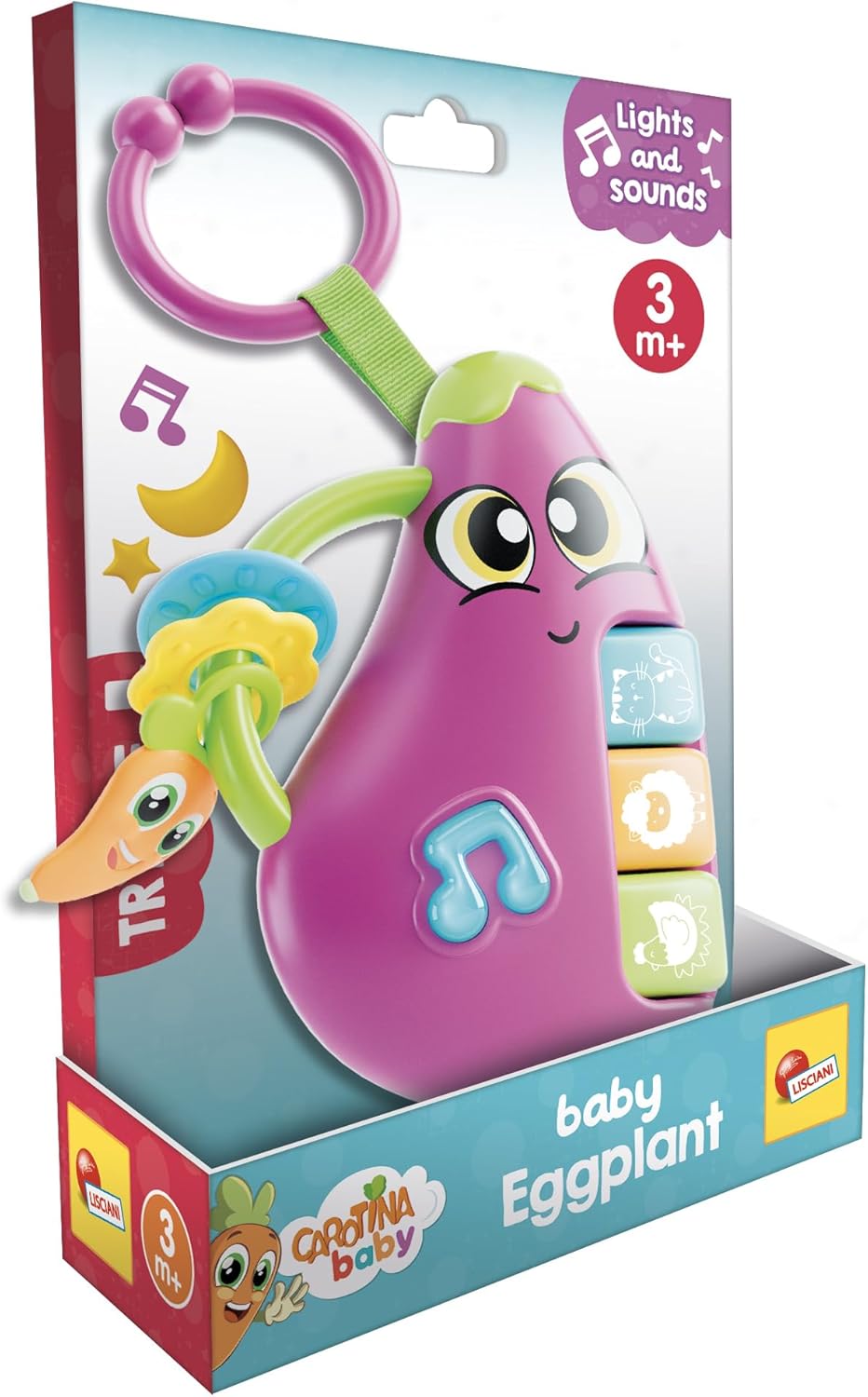 Lisciani - CAROTINA BABY - Aubergine Baby Rattle - Musical Toy for Children from 3 Months - Animal Sounds and Lights - Secure Teething Rings - Sensory Awakening - Educational Games for Babies