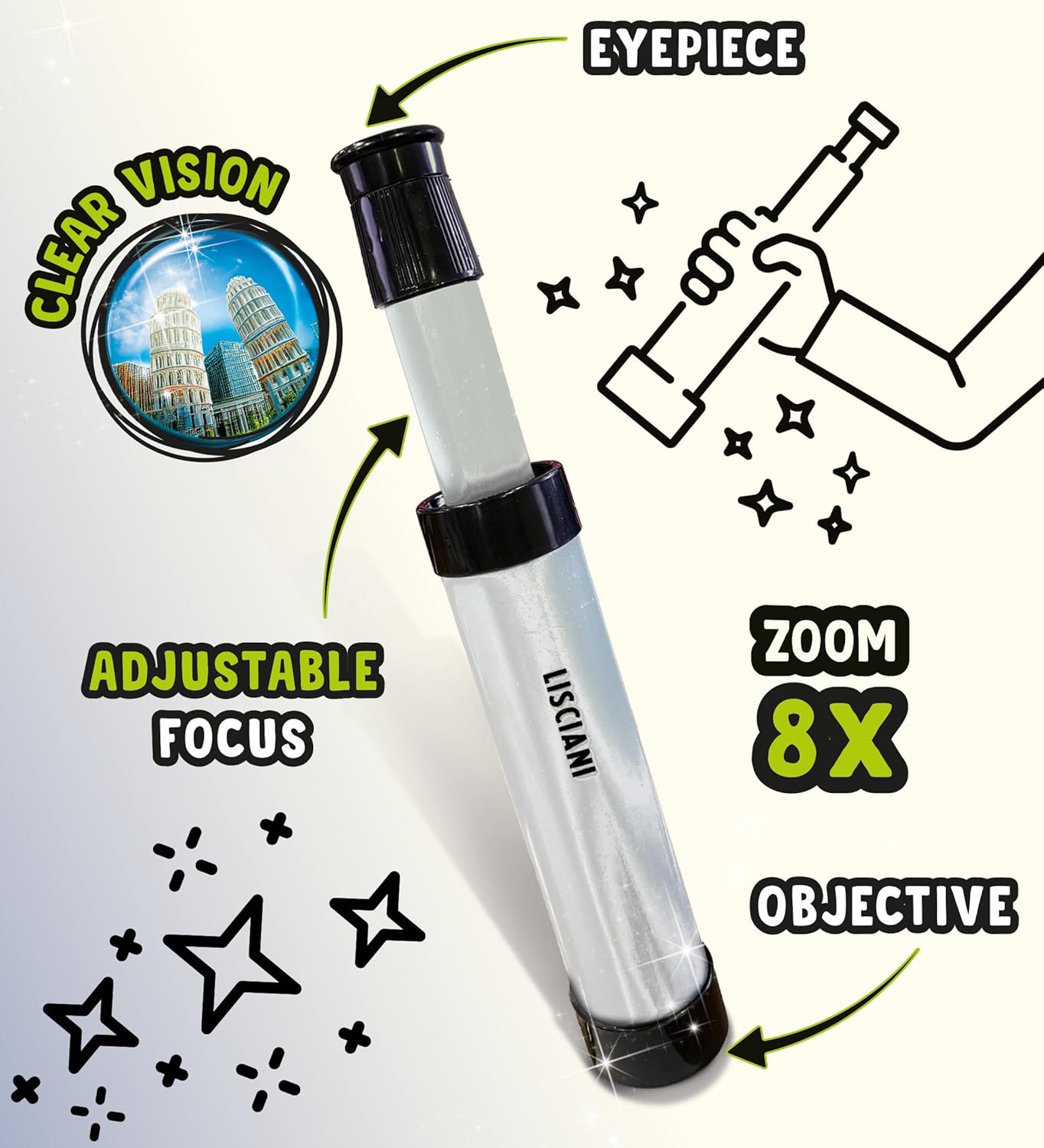 Lisciani - I'M A GENIUS - Micro-Telescope - Toy for Scientific Experiments for Children aged 7 and over - Portable Telescope - High Resolution - Super 8x Zoom - Birthday Gift Idea