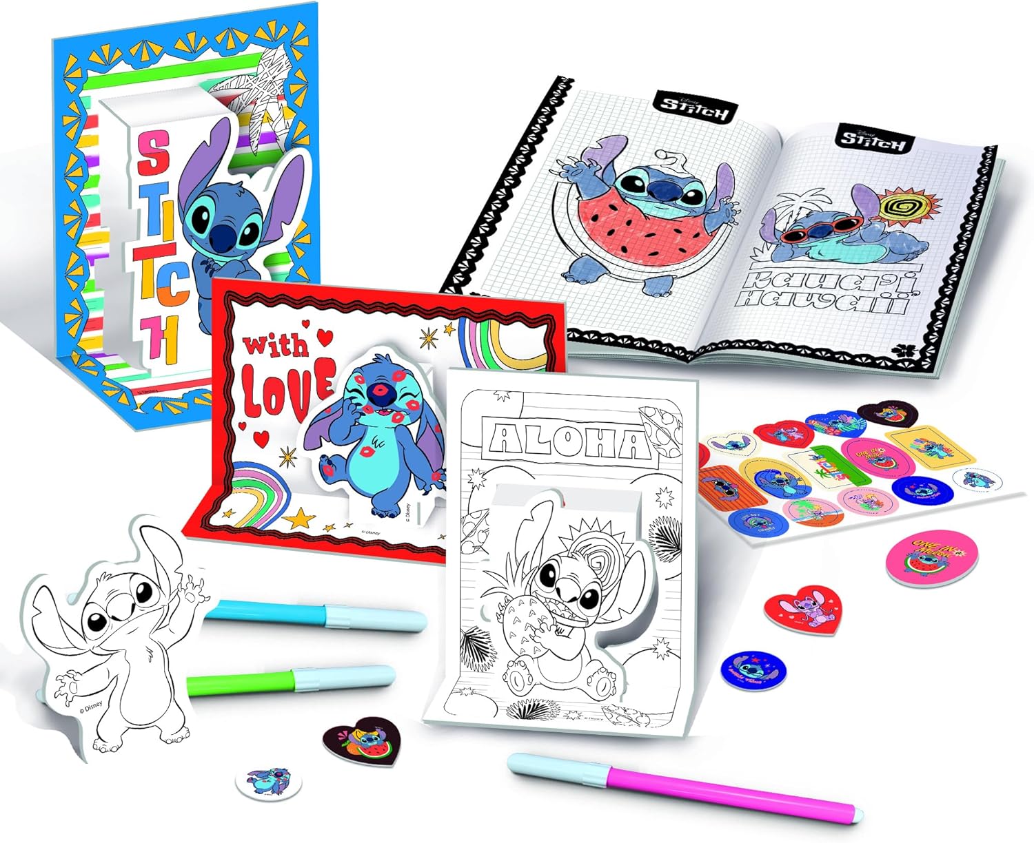 Lisciani - DISNEY STITCH - Backpack with Stitch Colouring Set for Children from 5 years - 7 Pop-ups + Creative Colouring Booklet + Stickers + 4 Markers - Creative activities - Educational Games