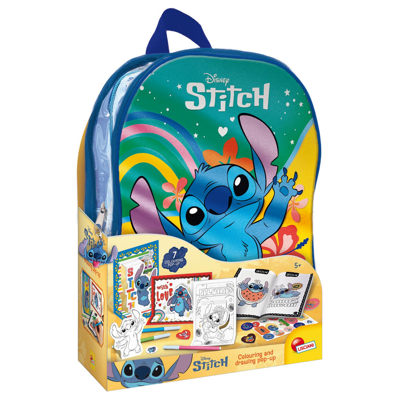 Lisciani - DISNEY STITCH - Backpack with Stitch Colouring Set for Children from 5 years - 7 Pop-ups + Creative Colouring Booklet + Stickers + 4 Markers - Creative activities - Educational Games