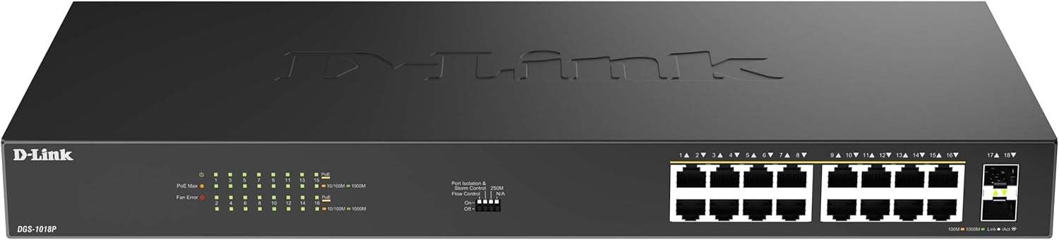 D-Link Dgs 1018P - Switch - Unmanaged - 16 X 10/100/1000 (Poe) + 2 X Combo Gigabit Sfp - Rack-Mountable, Desktop - Poe (