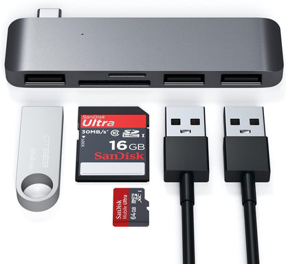 SATECHI Aluminium Type-C USB 3.0 3-in-1 Combo Hub Adaptor - 3 USB 3.0 Ports and Micro/SD Card Readers - for M2/ M1 MacBook Pro/Air, M2/ M1 iPad Pro/Air, Mac Mini, iMac (Space Grey