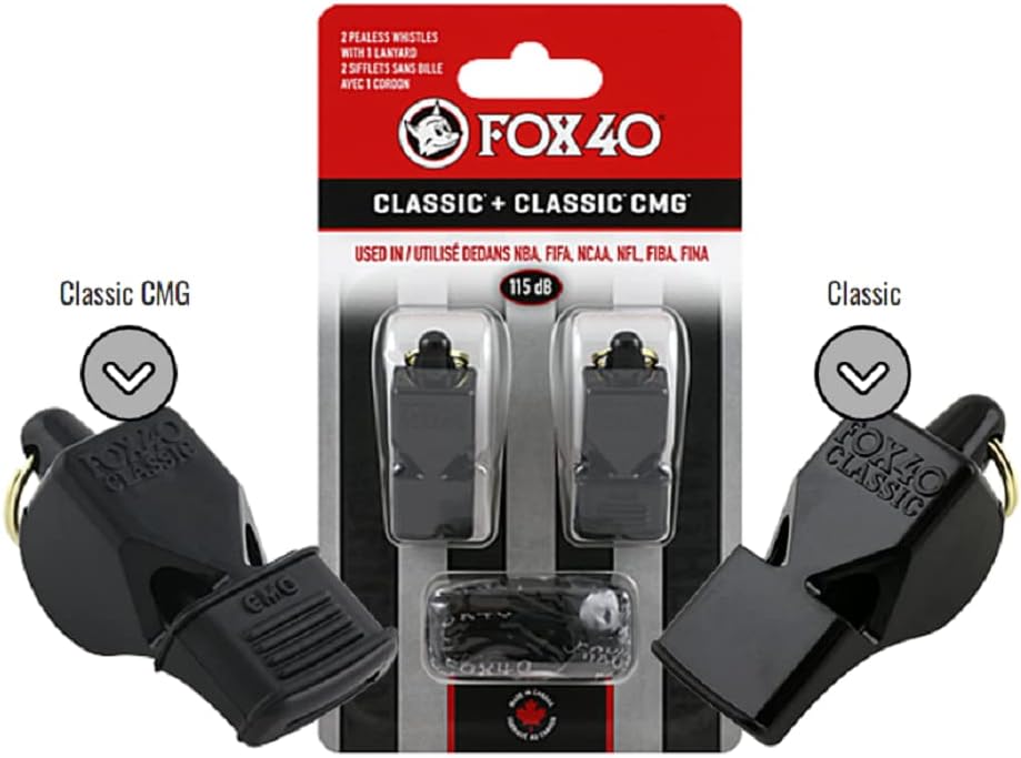 Fox 40 Pealess Whistle 2 Pack/Classic + Classic CMG with 1 Lanyard
