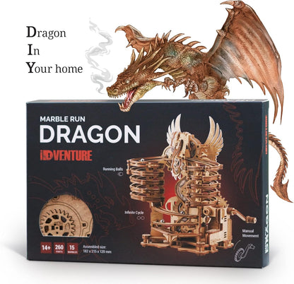 iDventure DIY Holz Murmelbahn Dragon – 3D Holzpuzzle Bausatz für Erwachsene & Jugendliche – 3D Puzzle mechanische Kugelbahn zum Selberbauen – Modellbausatz mit 260 Bauteilen & 15 Murmeln