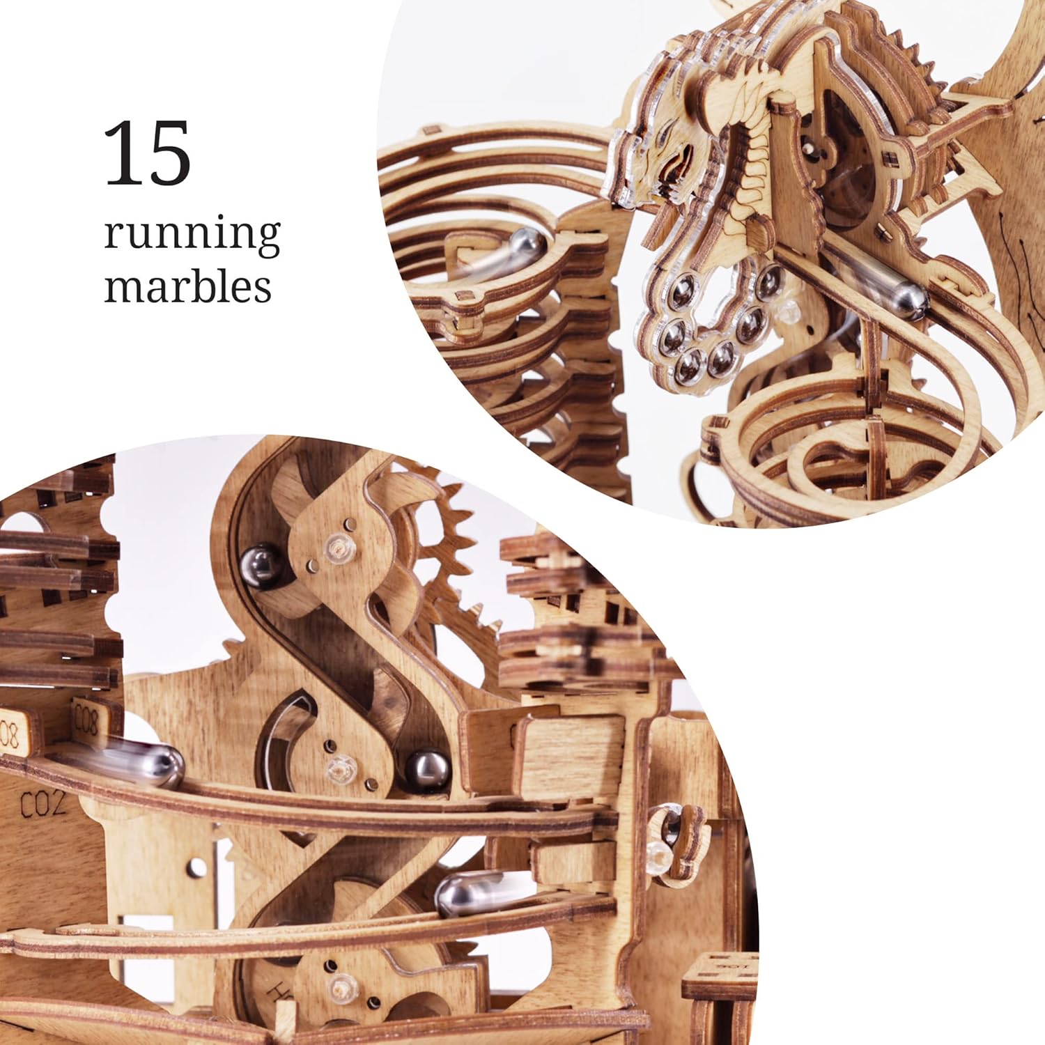 iDventure DIY Holz Murmelbahn Dragon – 3D Holzpuzzle Bausatz für Erwachsene & Jugendliche – 3D Puzzle mechanische Kugelbahn zum Selberbauen – Modellbausatz mit 260 Bauteilen & 15 Murmeln