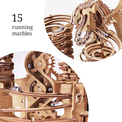 iDventure DIY Holz Murmelbahn Dragon – 3D Holzpuzzle Bausatz für Erwachsene & Jugendliche – 3D Puzzle mechanische Kugelbahn zum Selberbauen – Modellbausatz mit 260 Bauteilen & 15 Murmeln