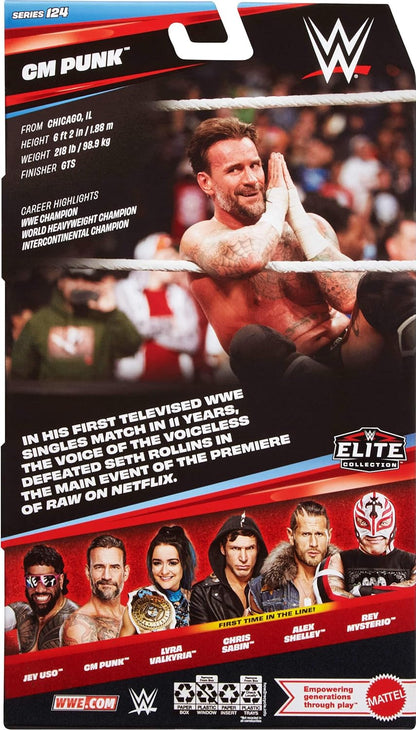 Mattel WWE Elite Action Figure & Accessories, Series #124 Set, 6-inch Collectible CM Punk with 25 Articulation Points & Swappable Hands, JHT70