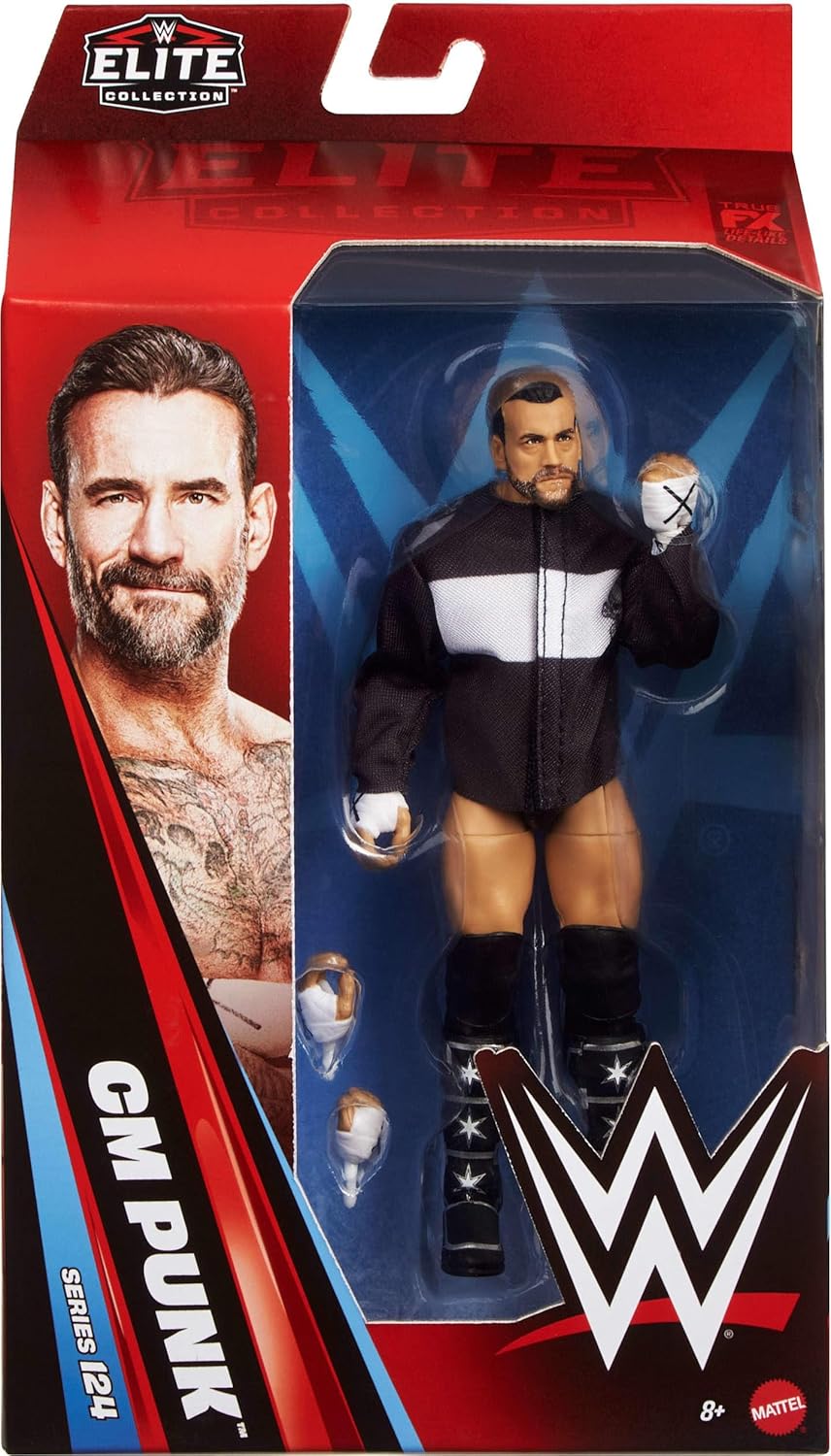 Mattel WWE Elite Action Figure & Accessories, Series #124 Set, 6-inch Collectible CM Punk with 25 Articulation Points & Swappable Hands, JHT70