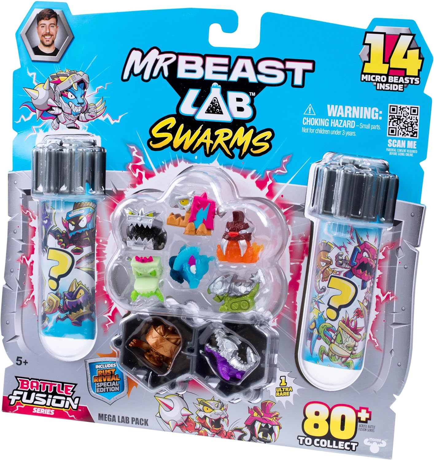 MrBeast Lab Swarms Battle Fusion Series Mega Lab Pack – Includes 14 Micro Beasts with Ultra Rare Hammerhead, 80+ to Collect, Stickers & Stackable Fusion Caps for Display