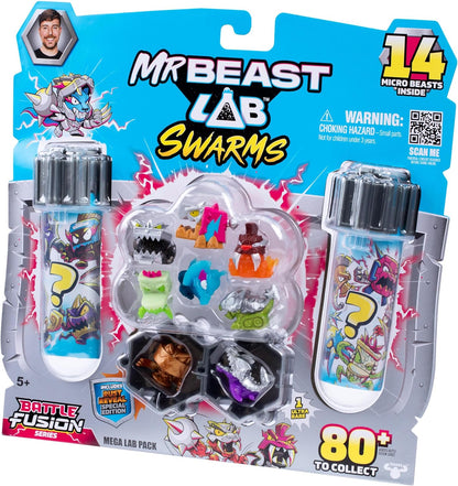 MrBeast Lab Swarms Battle Fusion Series Mega Lab Pack – Includes 14 Micro Beasts with Ultra Rare Hammerhead, 80+ to Collect, Stickers & Stackable Fusion Caps for Display