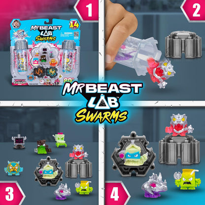 MrBeast Lab Swarms Battle Fusion Series Mega Lab Pack – Includes 14 Micro Beasts with Ultra Rare Hammerhead, 80+ to Collect, Stickers & Stackable Fusion Caps for Display