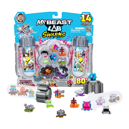 MrBeast Lab Swarms Battle Fusion Series Mega Lab Pack – Includes 14 Micro Beasts with Ultra Rare Serpent Spear, 80+ to Collect, Stickers & Stackable Fusion Caps for Display