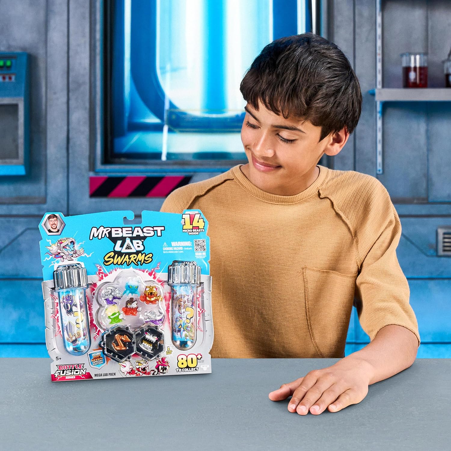 MrBeast Lab Swarms Battle Fusion Series Mega Lab Pack – Includes 14 Micro Beasts with Ultra Rare Serpent Spear, 80+ to Collect, Stickers & Stackable Fusion Caps for Display