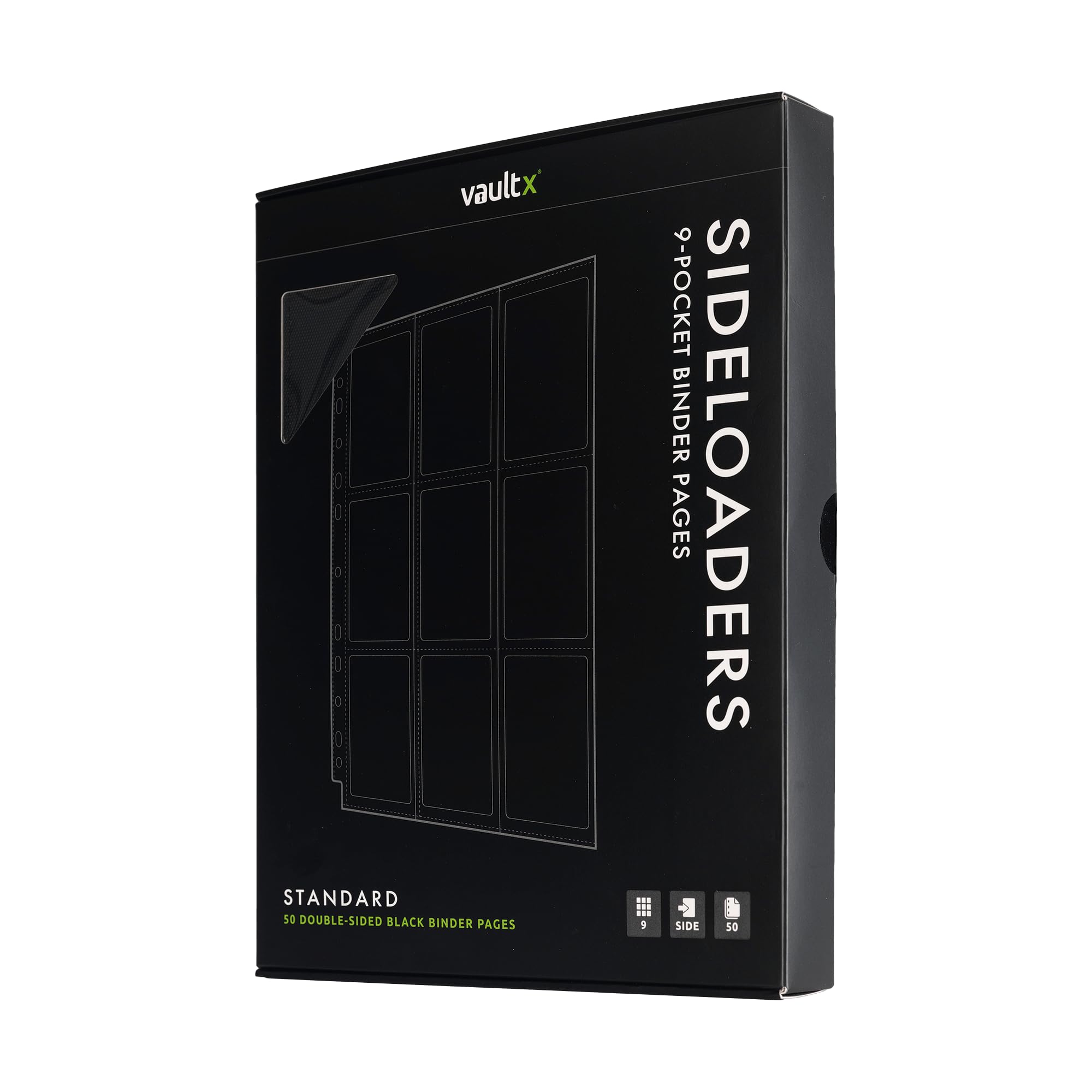 Vault X 9 Pocket Sideloading Pages for 3 Ring Binder, Double-Sided A4 Sideloaders, Storage for Collectible Card Games, Sports, TCG (Black, 50 Pack