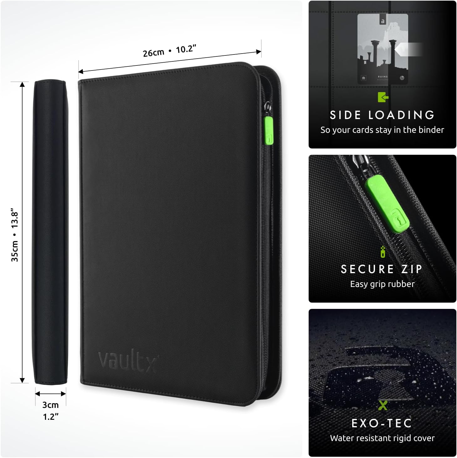 Vault X 9 Pocket Trading Card Zip Binder, 360 Cards, Premium Exo-Tec Album Material, 20 Side-Loading Pages, Folder for Collectible Games, Sports, TCG (Black