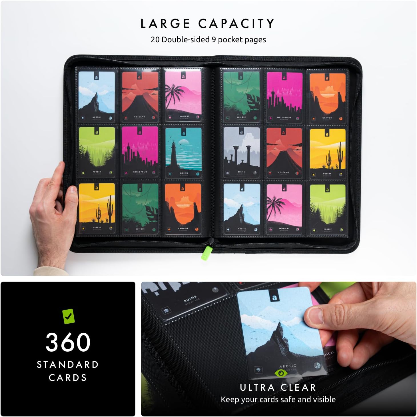 Vault X 9 Pocket Trading Card Zip Binder, 360 Cards, Premium Exo-Tec Album Material, 20 Side-Loading Pages, Folder for Collectible Games, Sports, TCG (Black