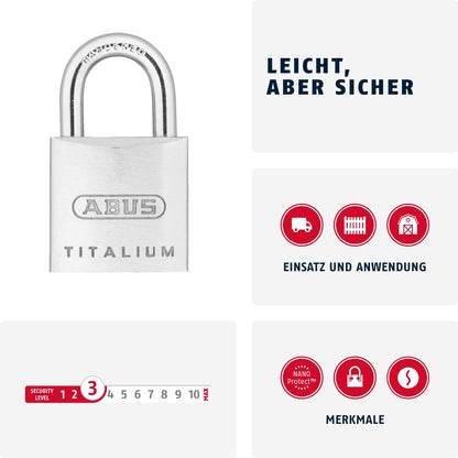 ABUS Vorhängeschloss Titalium 64TI/25 - Schlosskörper aus Spezial-Aluminium - gehärteter Stahlbügel - ABUS-Sicherheitslevel 3 - Silber