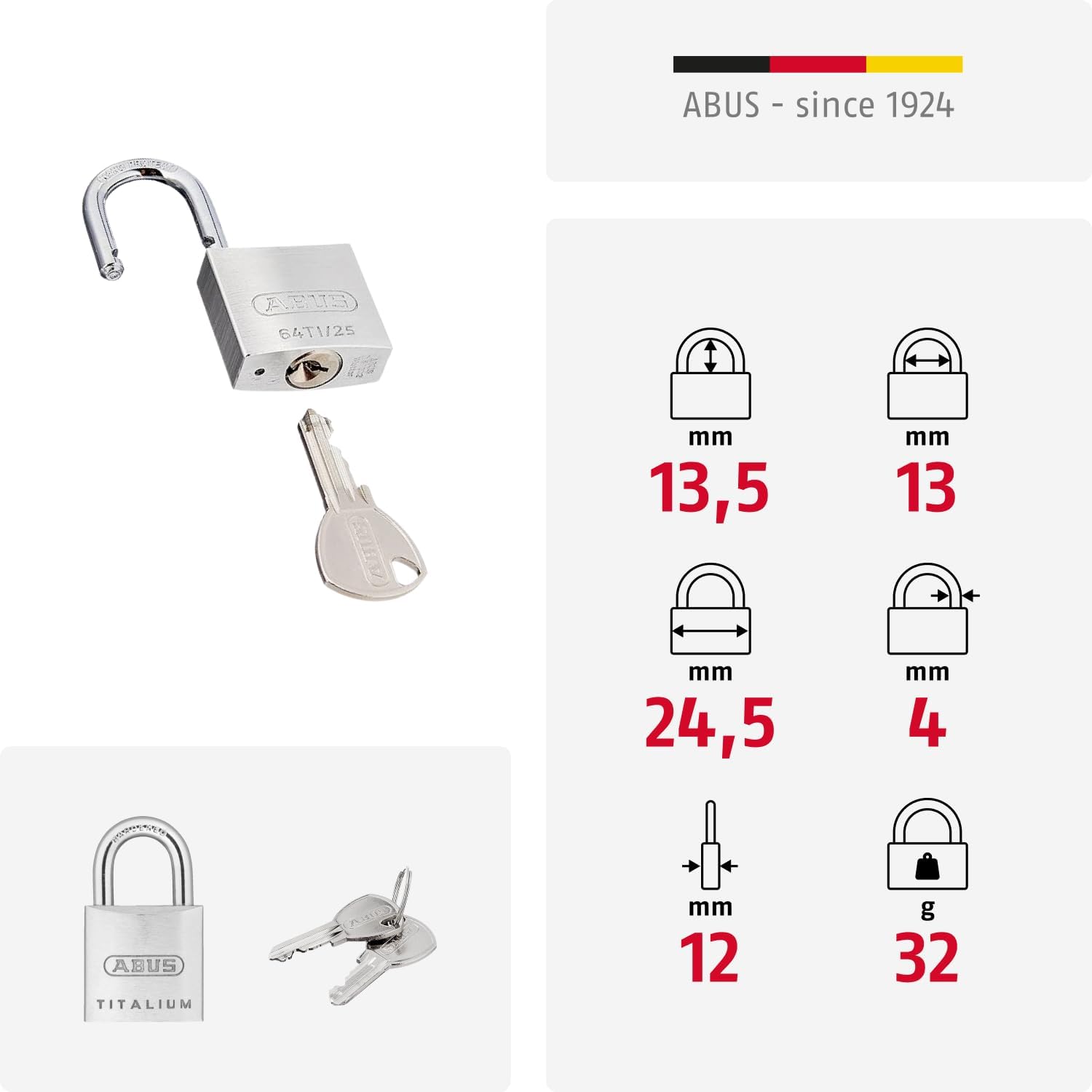 ABUS Vorhängeschloss Titalium 64TI/25 - Schlosskörper aus Spezial-Aluminium - gehärteter Stahlbügel - ABUS-Sicherheitslevel 3 - Silber