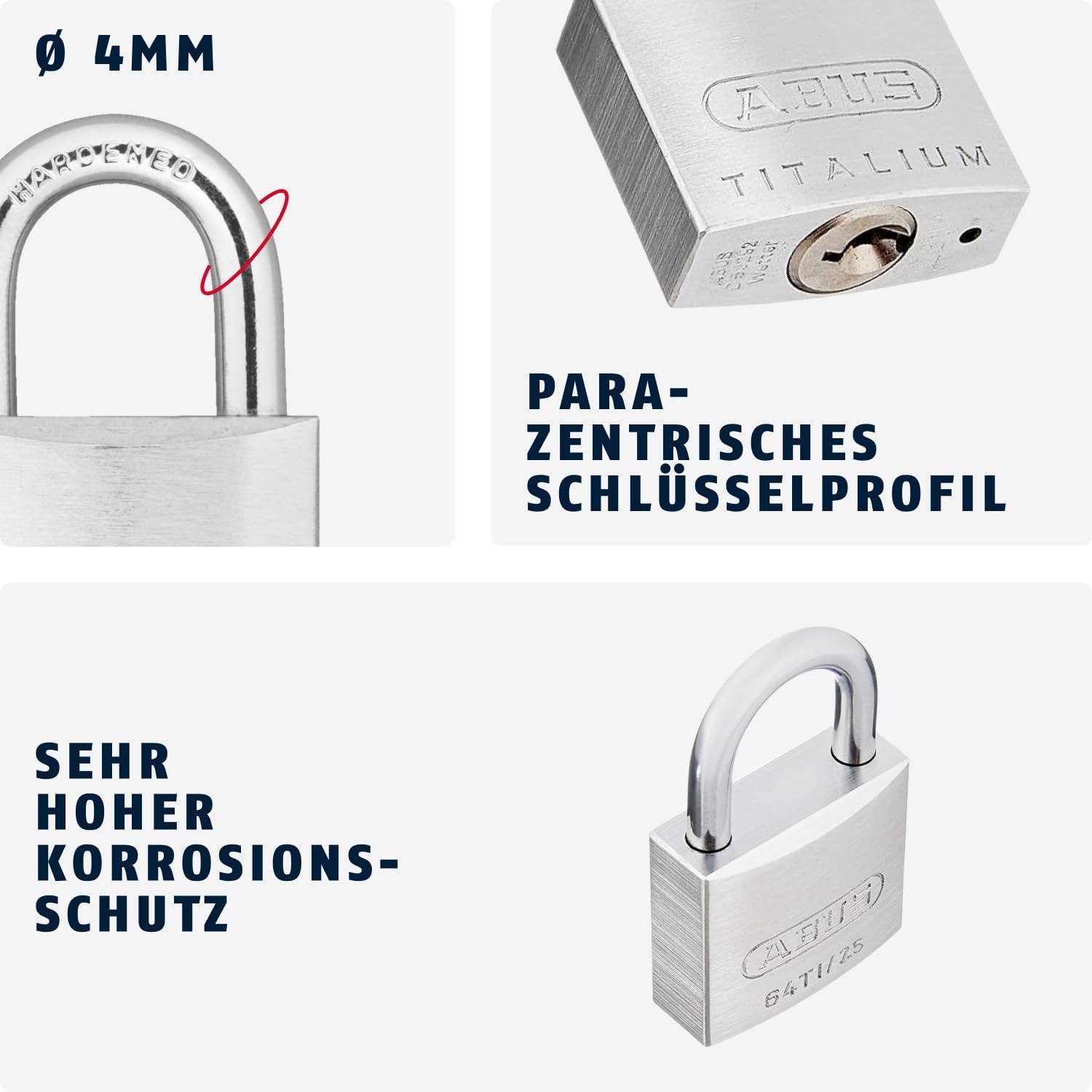 ABUS Vorhängeschloss Titalium 64TI/25 - Schlosskörper aus Spezial-Aluminium - gehärteter Stahlbügel - ABUS-Sicherheitslevel 3 - Silber