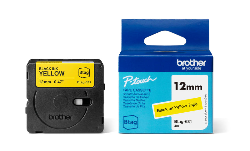 Brother Btag-631 | Nastro originale per etichettatrici PTN10 PTN20, PTN25BT | Nero su Giallo | Ampiezza 12 mm | Lunghezza 4 m