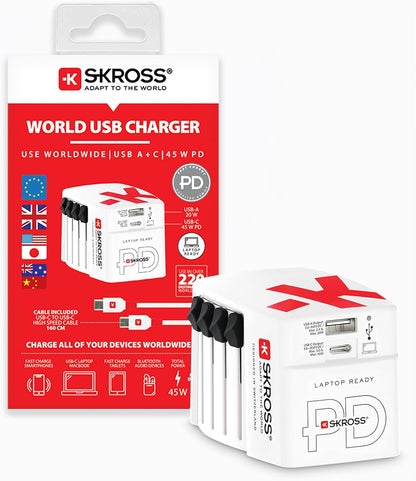 SKROSS World USB Charger AC45PD, 45W Fast Charging, 1 USB C and 1 USB A Port, Universal Travel Adapter Charger, International Charger for UK, EU, USA, AUS & More, 160cm Cable Included