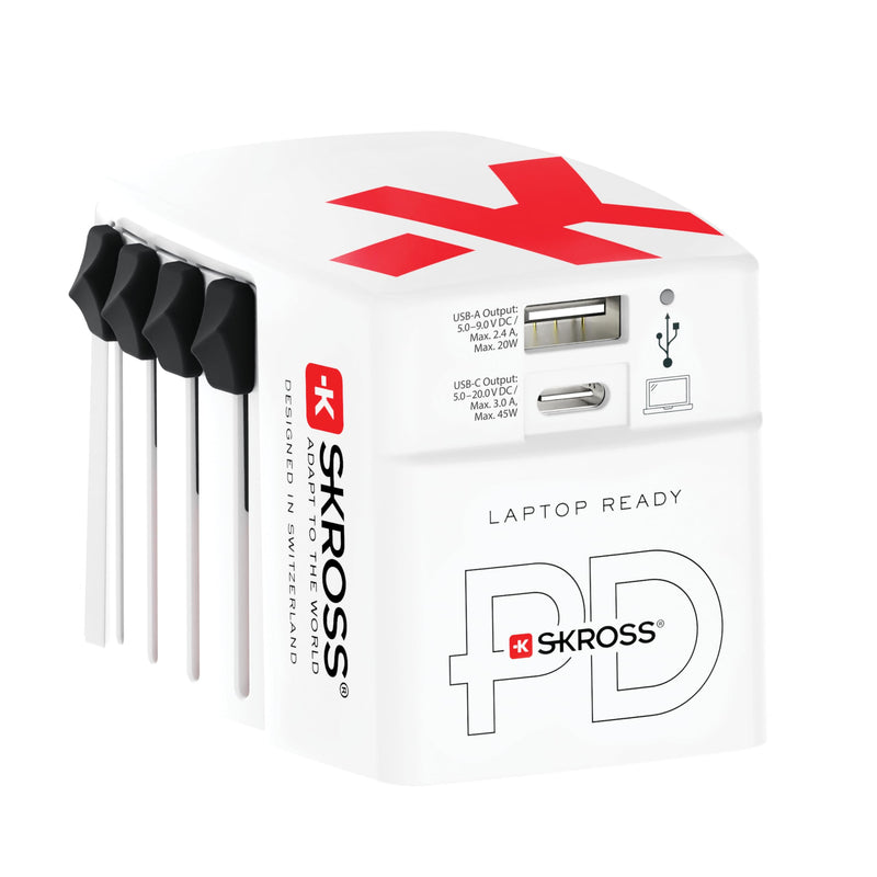 SKROSS World USB Charger AC45PD, 45W Fast Charging, 1 USB C and 1 USB A Port, Universal Travel Adapter Charger, International Charger for UK, EU, USA, AUS & More, 160cm Cable Included