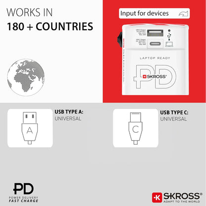 SKROSS World USB Charger AC45PD, 45W Fast Charging, 1 USB C and 1 USB A Port, Universal Travel Adapter Charger, International Charger for UK, EU, USA, AUS & More, 160cm Cable Included