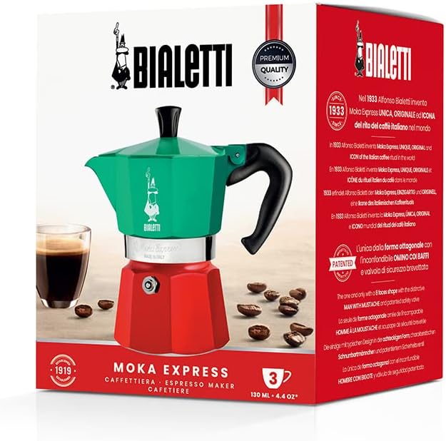 Bialetti Moka Express Italia Collection (Tricolor), 3 cup coffee maker, Aluminum, Green/Red