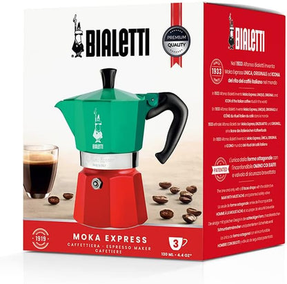 Bialetti Moka Express Italia Collection (Tricolor), 3 cup coffee maker, Aluminum, Green/Red
