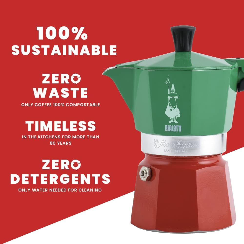 Bialetti Moka Express Italia Collection (Tricolor), 3 cup coffee maker, Aluminum, Green/Red