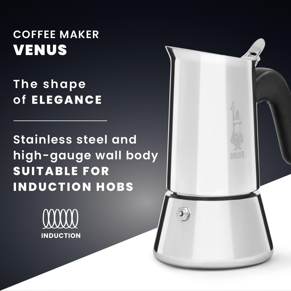 Bialetti - New Venus, stainless steel espresso coffee machine, suitable for all types of stoves, 2 cups (85 ml), aluminium, silver (Not induction safe)