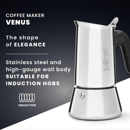 Bialetti - New Venus, stainless steel espresso coffee machine, suitable for all types of stoves, 2 cups (85 ml), aluminium, silver (Not induction safe)