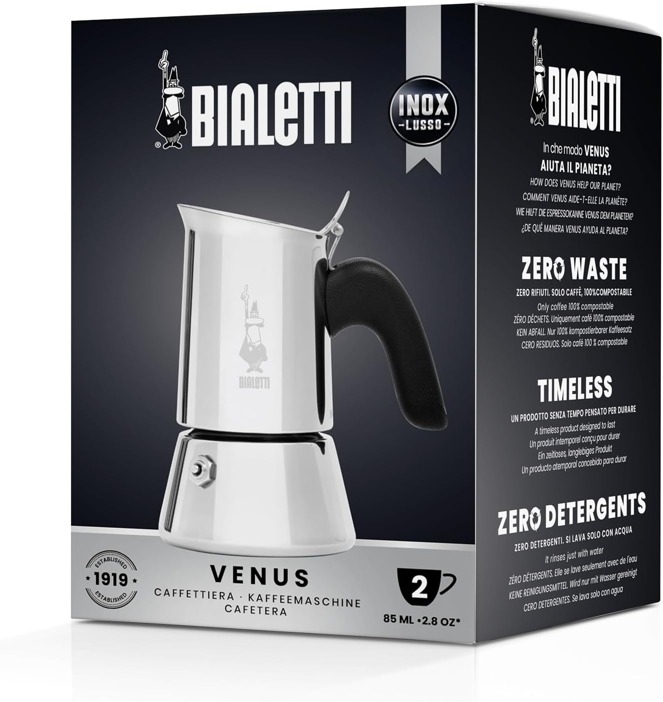 Bialetti - New Venus, stainless steel espresso coffee machine, suitable for all types of stoves, 2 cups (85 ml), aluminium, silver (Not induction safe)