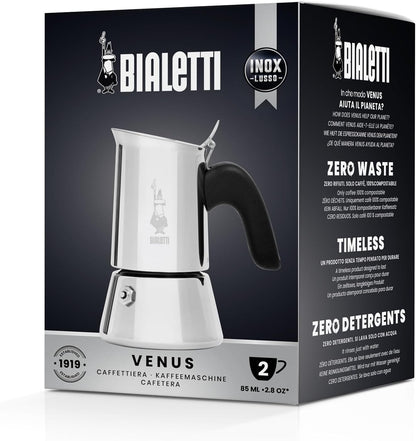Bialetti - New Venus, stainless steel espresso coffee machine, suitable for all types of stoves, 2 cups (85 ml), aluminium, silver (Not induction safe)