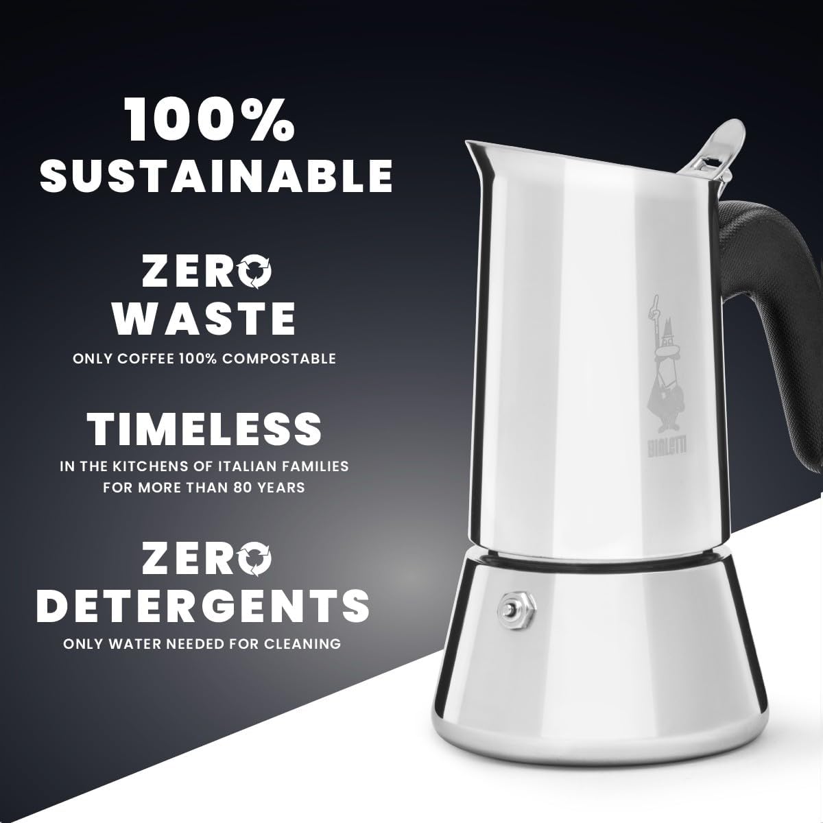 Bialetti - New Venus, stainless steel espresso coffee machine, suitable for all types of stoves, 2 cups (85 ml), aluminium, silver (Not induction safe)
