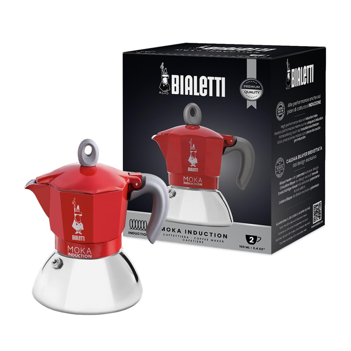Bialetti New Moka Induction Induction Coffee Maker, 2 Cups, 100 milliliters, Aluminium, Red