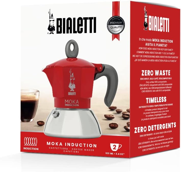 Bialetti New Moka Induction Induction Coffee Maker, 2 Cups, 100 milliliters, Aluminium, Red