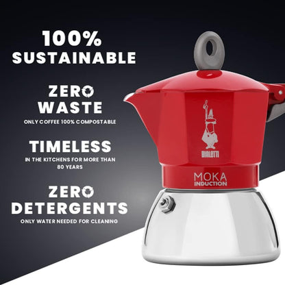 Bialetti New Moka Induction Induction Coffee Maker, 2 Cups, 100 milliliters, Aluminium, Red